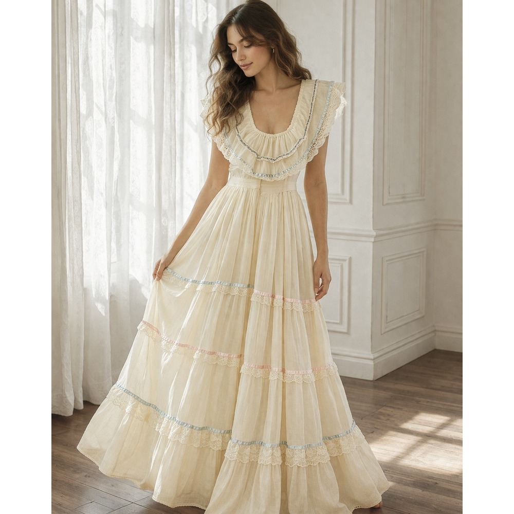 Vintage Gunne Sax Jessica Women's Prairie Maxi Dress Cream Lace Ribbon Romantic